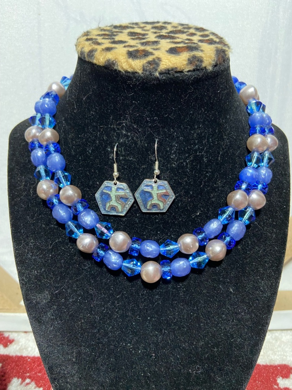 Double-Strand Blue, Blue Faceted Bead, & Silver Tone Bead Necklace with Earrings